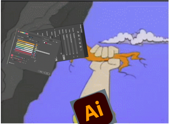 From a a cartoon where a person is holding onto a branch sticking out of a cliff with one hand. A cloud in the background. The poster of the image has poorly added the logo of Adobe Illustrator being to the person’s arm and two screenshots of tool Adobe Illustrator tool windows. One is the Recoloring tool and the other the tracing tool. They make up the branch the person is holding onto.