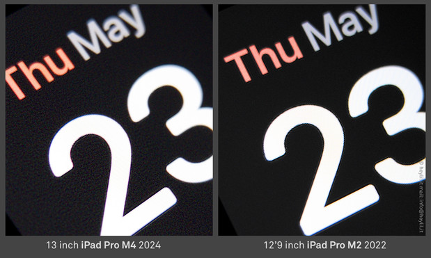 two closeup images of the iPad Pro M4 screen compared to the iPad Pro M2 screen. The M4 screen shows significant grainy pixels in dark-gray areas.
