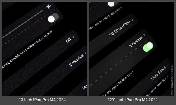 two closeup images of the iPad Pro M4 screen compared to the iPad Pro M2 screen. The M4 screen shows significant grainy pixels in dark-gray areas.